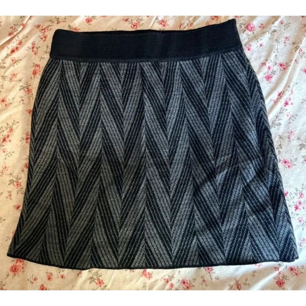 Willi Smith Wool Blend Chevron Knit Skirt Large Black Gray A-Line